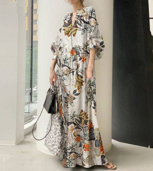 Long Cotton And Linen Printed V-neck Simple Loose Plus Size Dress